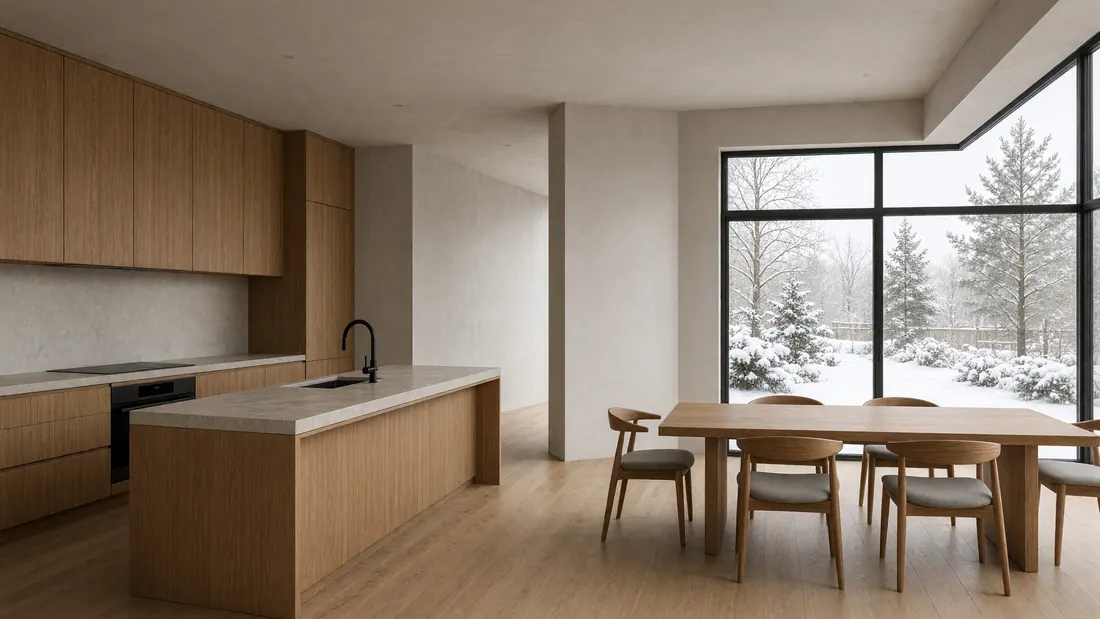 An open kitchen and dining room with oak cabinets, a pale plaster wall, a wooden table and a large window onto a snowy yard