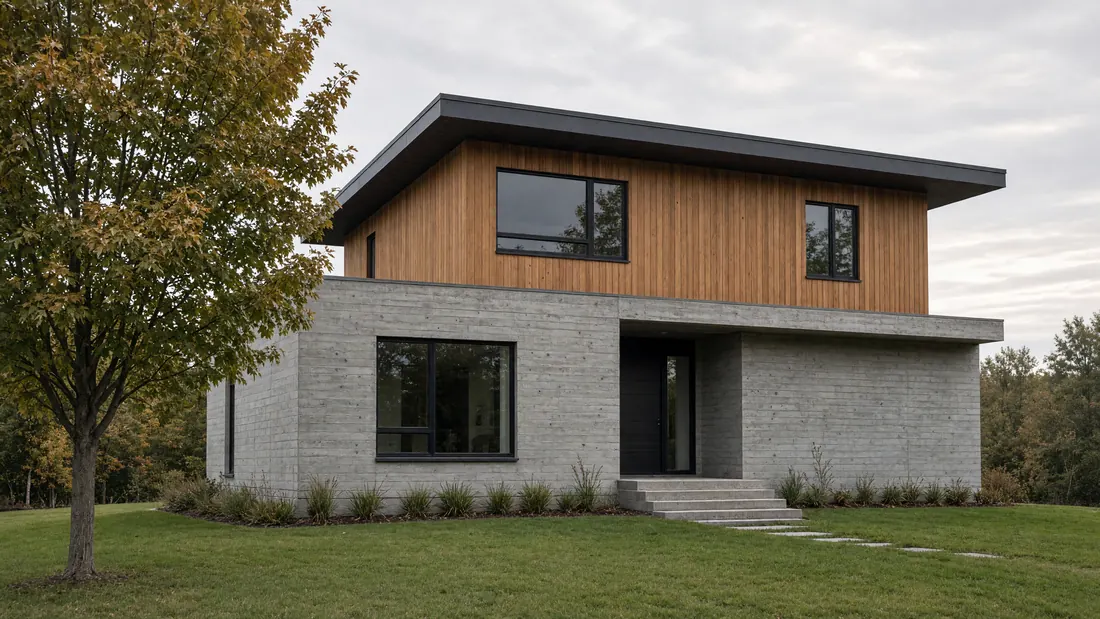 A new two-storey house with a board-formed concrete base, a cedar upper floor, black windows and a flat roof with a deep overhang