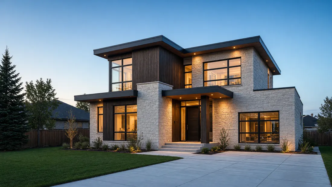 A new two-storey house in pale stone and dark timber with warm lit windows and a flat roof at dusk