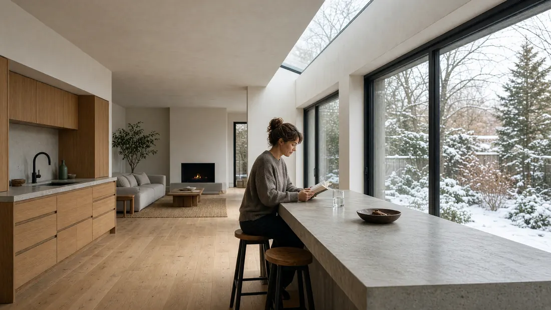 A skylit open kitchen and living space with oak cabinets, a long concrete counter and a wall of glass onto a snowy garden