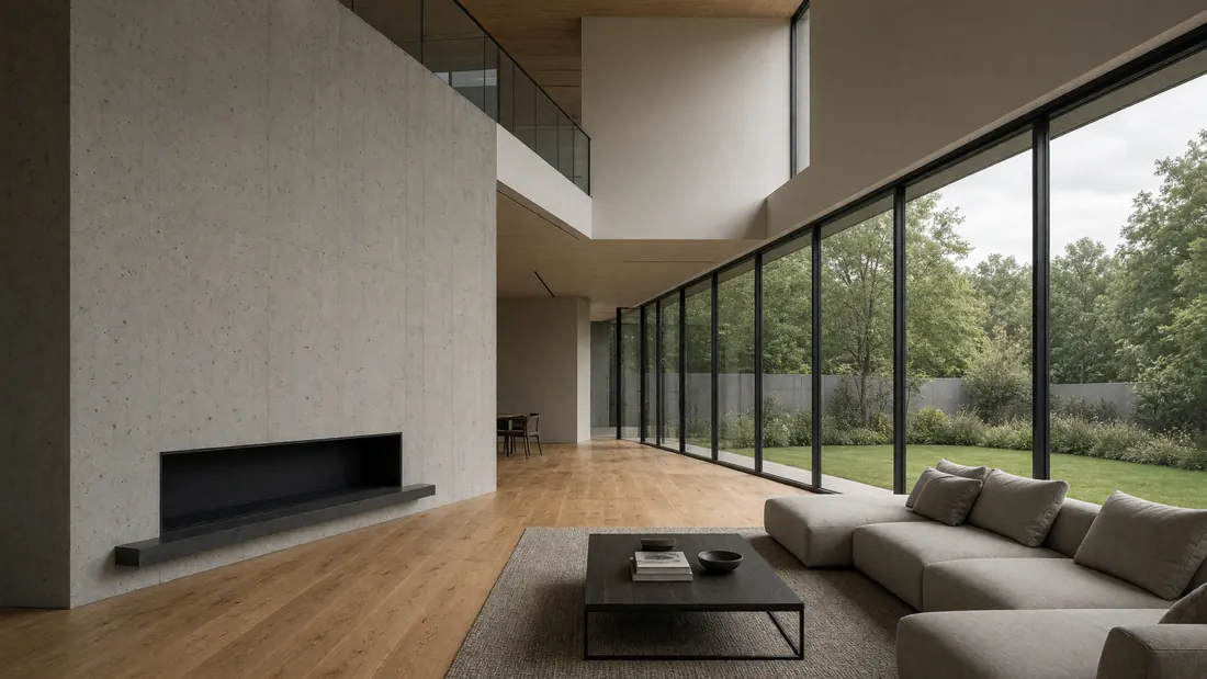 A double-height living room with a concrete fireplace wall, oak floor and a long run of black-framed windows onto a garden
