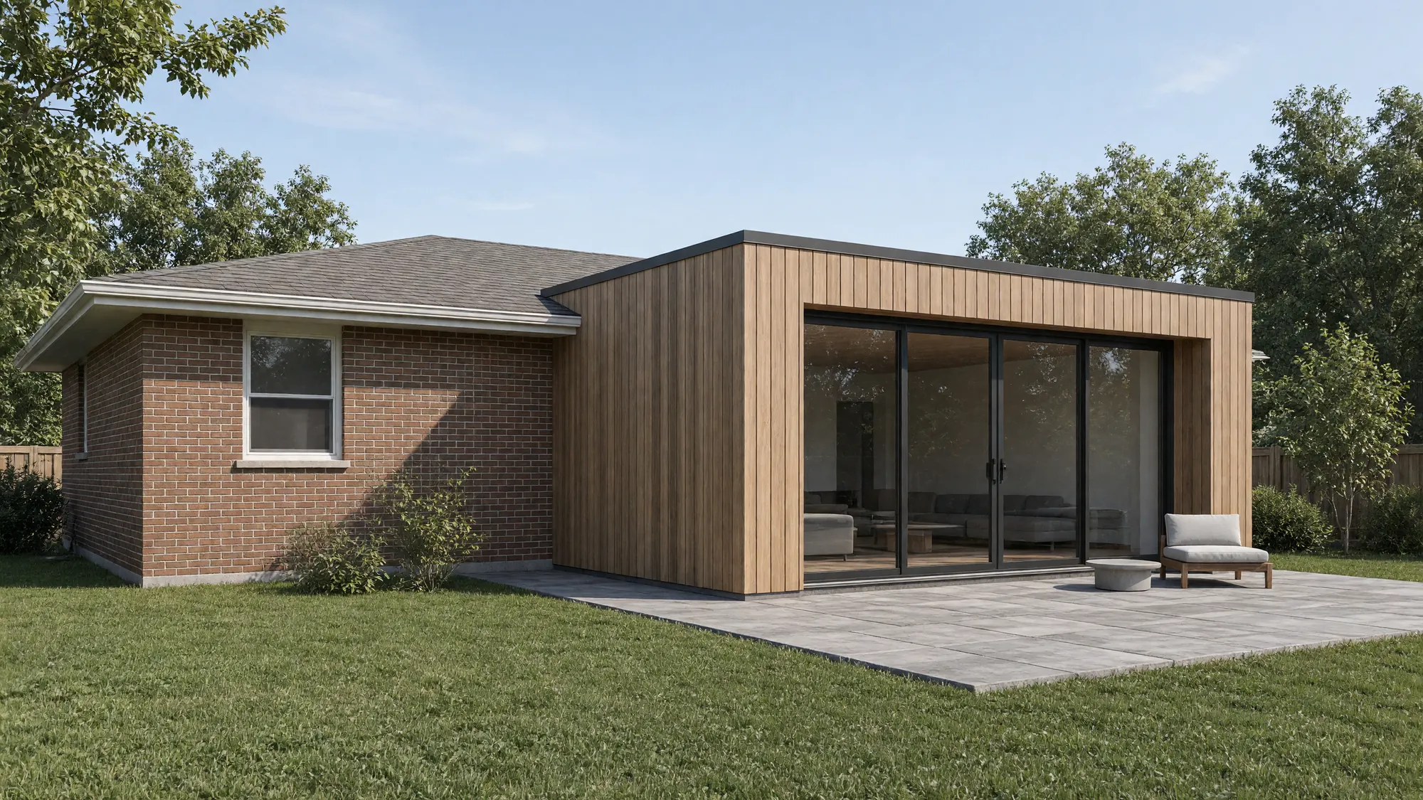The back of a 1960s brick bungalow with a new flat-roofed cedar addition and large black-framed glass doors opening to a stone patio