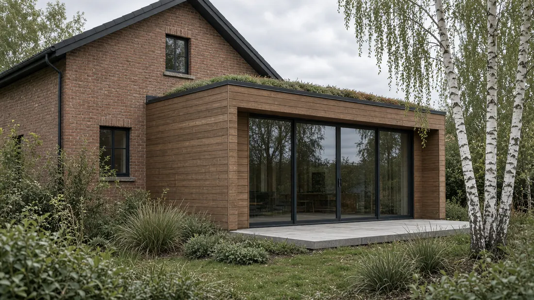 A brick house with a timber-clad rear addition, sliding glass doors and a planted roof edge beside a birch tree