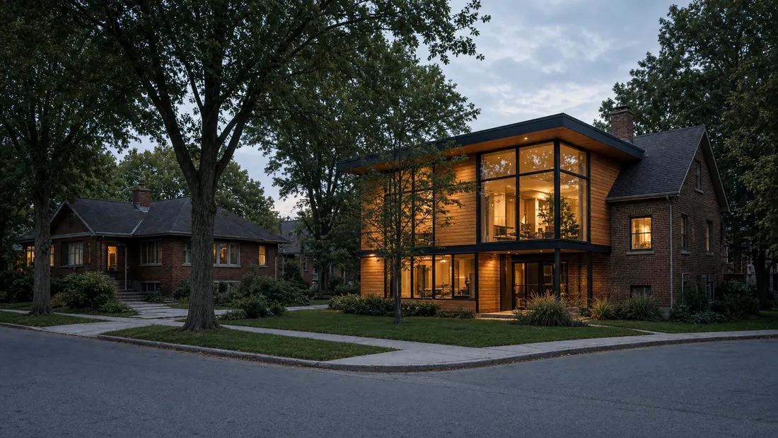 An Ontario street of mid-century brick houses at dusk, one with a new cedar and glass second-storey addition lit from within