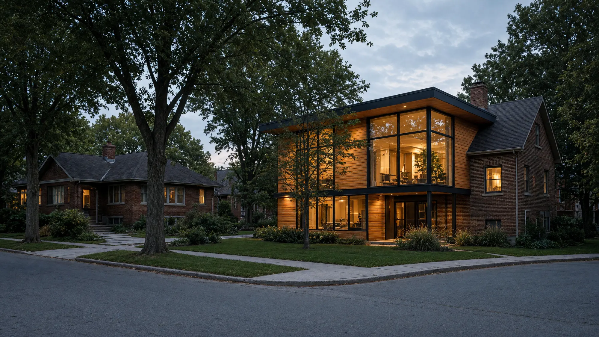 An Ontario street of mid-century brick houses at dusk, one with a new cedar and glass second-storey addition lit from within