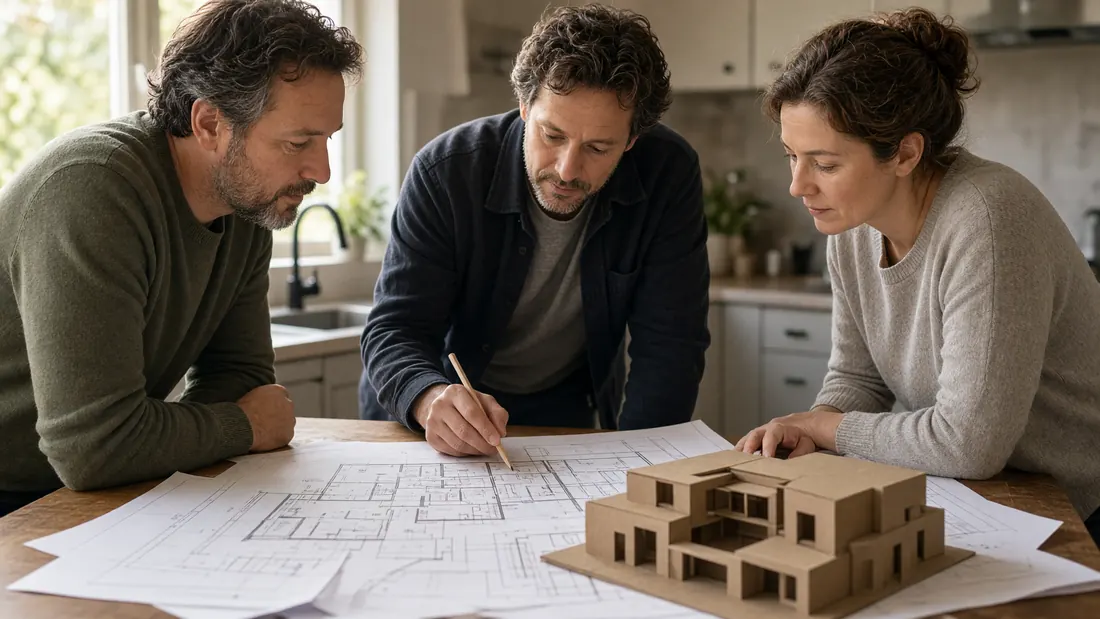 Three people lean over house plans and a cardboard massing model on a wooden kitchen table, one holding a pencil